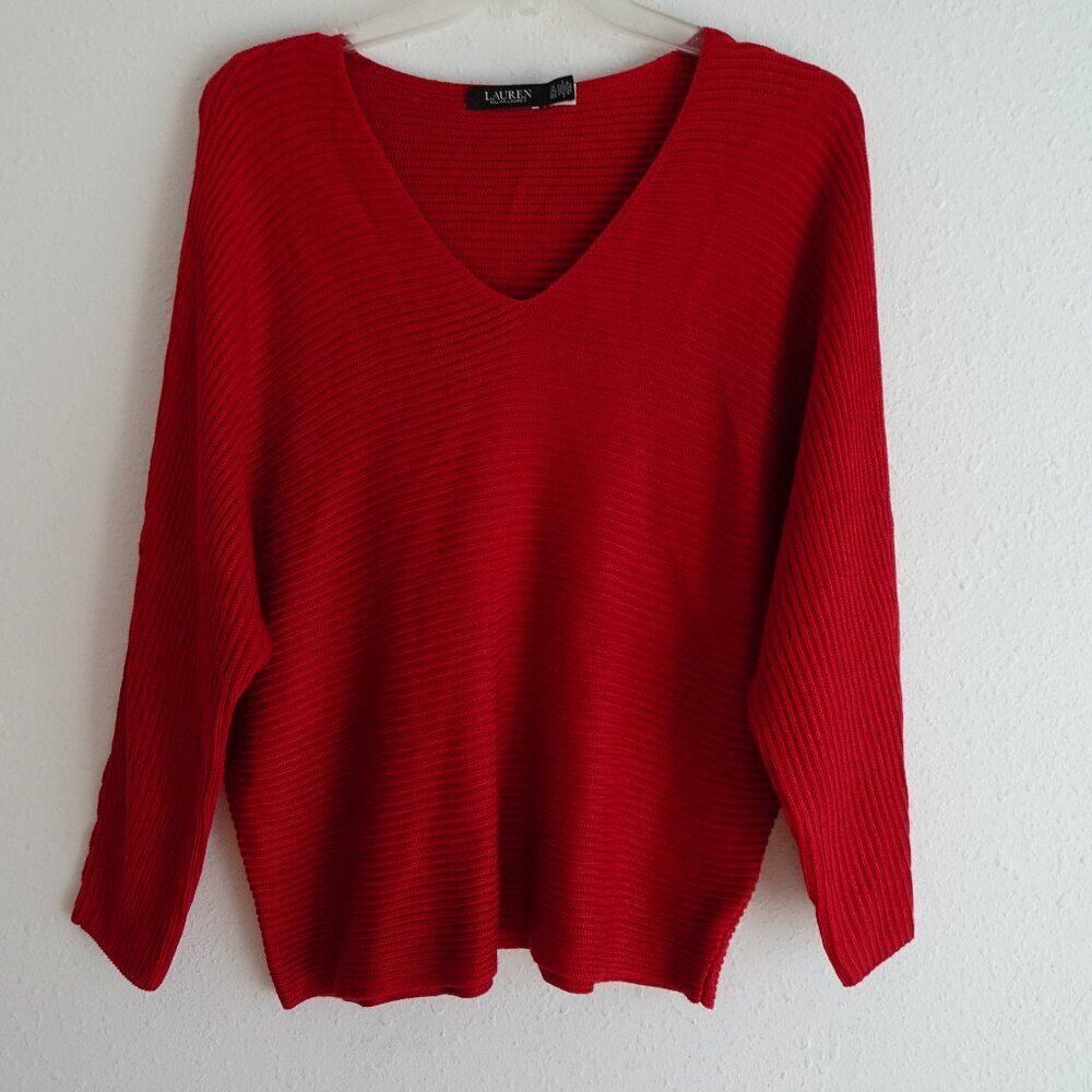 Ralph Lauren Sweater Top Women's Plus Size 2X Red V-Neck Classic Preppy Holiday